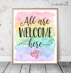 All Are Welcome Here, Rainbow Printable Wall Art, Welcome Classroom Poster, School Counselor Quotes, Welcome School Sign
