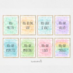 Set Of 8 Classroom Inspirational Posters - You Matter You Belong Here, Rainbow Printable, School Counselor Office Decor