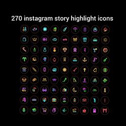 270 black and neon lifestyle highlight instagram icons. Beautiful social media icons. Digital download.