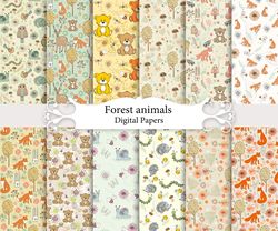 Woodland animals, seamless patterns.