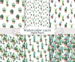 Watercolor cacti, seamless patterns.