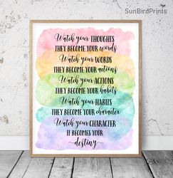 Watch Your Thoughts They Become Your Words Printable, Classroom Posters Inspirational Quotes, School Counselor Office