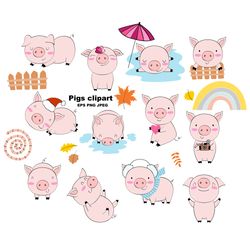 Vector Pigs Clipart, nursery animals.