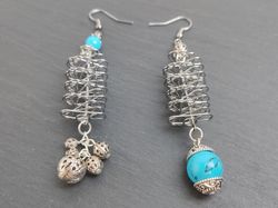 Asymmetric turquoise original earrings beaded long dangle earrings