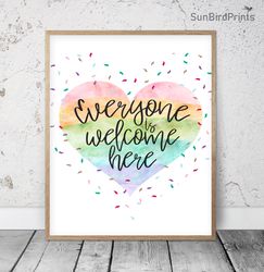 Everyone Is Welcome Here, Rainbow Printable Wall Art, Welcome Classroom Poster, School Counselor Quotes, Welcome School