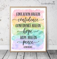 Education Breeds Confidence Printable Art, Confucius Quotes, Classroom Educational Posters, Rainbow Teacher Office Decor