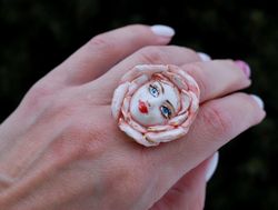 Porcelain ring Talking Flowers Rose Face Ceramic ring Fairy figurine rose ring flower jewelry Gift for her
