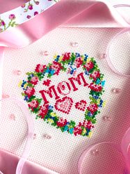 LOVE MOM FLORAL WREATH Cross stitch pattern PDF by CrossStitchingForFun Instant Download, MOTHER  DAY cross stitch chart