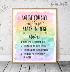 What You Say In Here Stays In Here, School Psychologist Office Printable Sign, Counselor Office Decor, Psychology Gifts