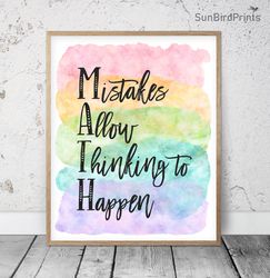 Mistakes Allow Thinking To Happen, Math Classroom Posters Printable Art, Math Teacher Gift, Rainbow Mathematics Wall Art