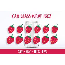 Strawberry glass can wrap template SVG. Summer berries can glass