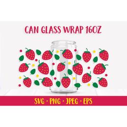 Strawberries and leaves glass can wrap SVG. Summer can glass