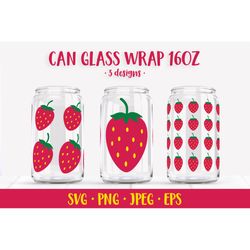 Strawberries glass can wrap. Summer berry can glass SVG