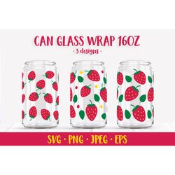 Strawberry glass can wrap. Summer berries can glass SVG 3 designs