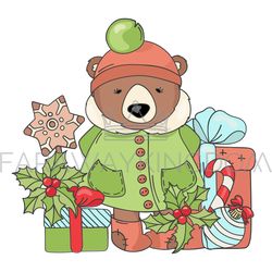 GIFT BEAR Merry Christmas Cartoon Vector Illustration Set
