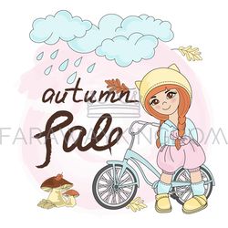 GIRL AND BIKE Autumn Cartoon Vector Illustration Banner Set