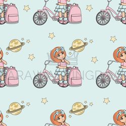 GIRL AND PLANET School Seamless Pattern Vector Illustration