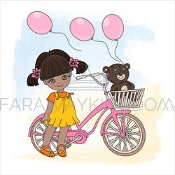 GIRL CYCLE Children Holiday Cartoon Vector Illustration Set