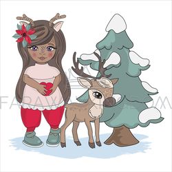 GIRL DEER New Year Animal Cartoon Vector Illustration Set