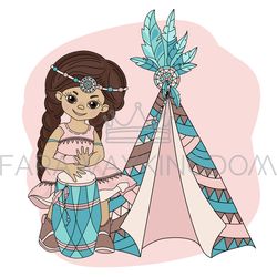 GIRL WIGWAM Pocahontas Indians Princess Vector Illustration