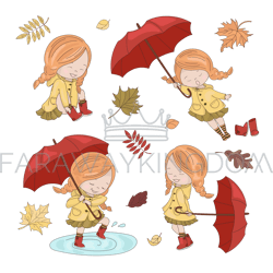 GIRLS AND UMBRELLAS Autumn Characters Vector Illustration Set