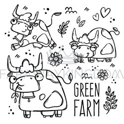 GREEN FARM MONOCHROME Cows In Sketch Vector Illustration Set