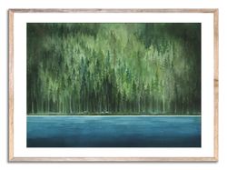 Forest Lake Watercolor Painting Wall Art Pine Trees Forest Art Print Large Green Landscape Watercolor Painting