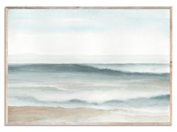 Large Coastal Landscape Art Print Beach Watercolor Painting Neutral Minimalist Seascape Wall Art Light Aqua Blue Green