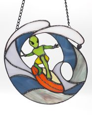 UFO Suncatcher, Ufo Stained Glass, Stained Glass Window Hangings, Alien Ornament Ocean Wave, Stained Glass Suncatcher