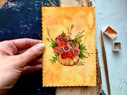 Pumpkin painting Poppies Original art Fall watercolor card Mini artwork Rubinova