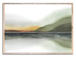 Mountain Lake Art Print Green Mountains Watercolor Painting Neutral Landscape Abstract Watercolor Wall Art