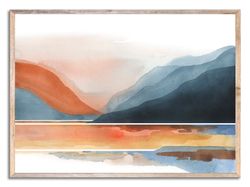 Sunrise Lake Art Print Mountain Lake Watercolor Painting Abstract Landscape Wall Art Indigo Terracotta