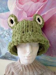 Frog Hat Crochet Backet Hat Knit Green Frog Beanie Hat