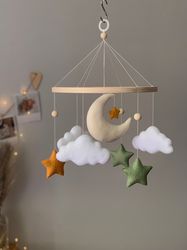 Baby mobile moon, baby mobile clouds and stars in natural shades, neutral nursery decor, minimalistic baby mobile
