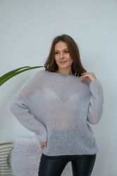 Blue Mohair Sweater, Oversized knit sweater, Fall holiday sweater, Hand knit sweater, Loose handmade sweater