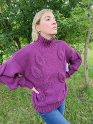 Chunky Knit Sweater Hand Knit Purple Sweater for Women Oversized Wool Sweater