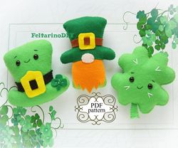 St Patrick Day felt ornaments, Felt leprechaun pattern, Felt clover pattern, PDF felt pattern, Felt ornament pattern