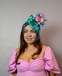 pink turquoise fascinator , kentucky derby hat blue, fascinator hat with veil