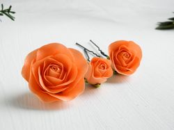 Orange roses hair pins Flowers bridal hair piece Wedding floral hair clip