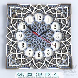 Laser Cut Wall Clock DXF, Mandala Clock, Wooden Clock, 3D Clock SVG DXF, Layered Clock, Laser cut Clock template - C12