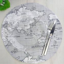 Placemats set of 6, 8, 4 or 2, neutral round placemat water-repellent coating, gray white round world map placemats