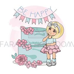 HAPPINESS AND GIRL Holiday Cartoon Vector Illustration Set