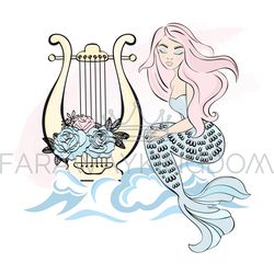 HARP MERMAID Underwater Princess Girl Vector Illustration Set