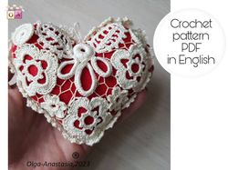 Pillow for needles heart with Irish lace crochet pattern , crochet flower pattern .