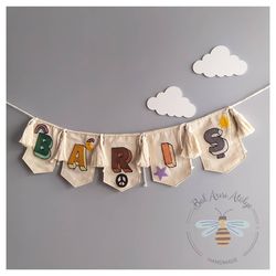 Customized Name Banner with Letter, Punch Needle Pennant, Kids Room Decoration, Baby Shower Party Linen Wall Decor