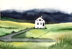 Original watercolor painting,  Mountain house, Scandinavian landscape, 11 by 14 inches