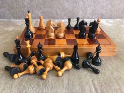 Wooden chess set 1980s vintage, Soviet big chess set, Old Russian weighted chess USSR