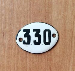 Vintage enamel metal number 330 apartment door sign black white
