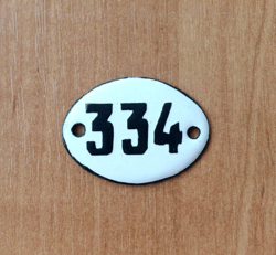 Enamel metal apartment number sign 334 small address door plate black white