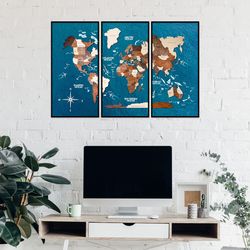 World Map Wall Art 3 Piece, Travel Map with Background, Framed Wall Art, World Map Triptych Wall Art  by Enjoy The Wood